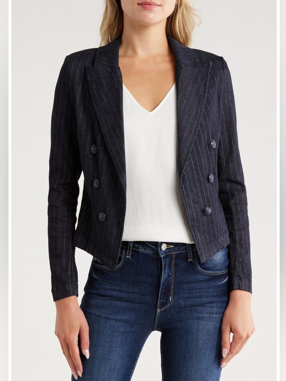 L'agence Indigo Blue Glitter Stripe Wayne Pinstripe Double Breast Crop Jacket